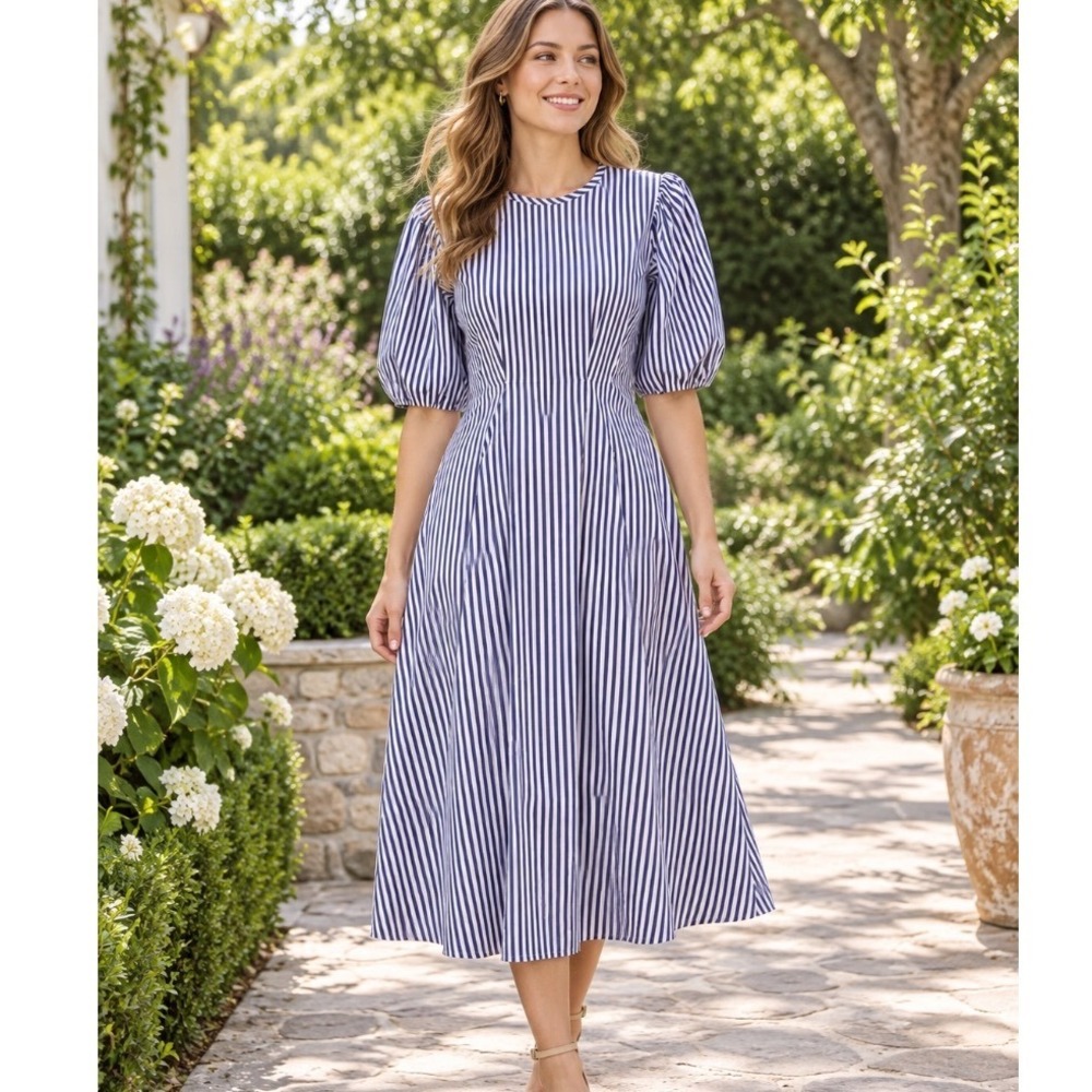 Who What Wear gray White Striped Puff Sleeve Midi Dress M Fit and Flare A-Line